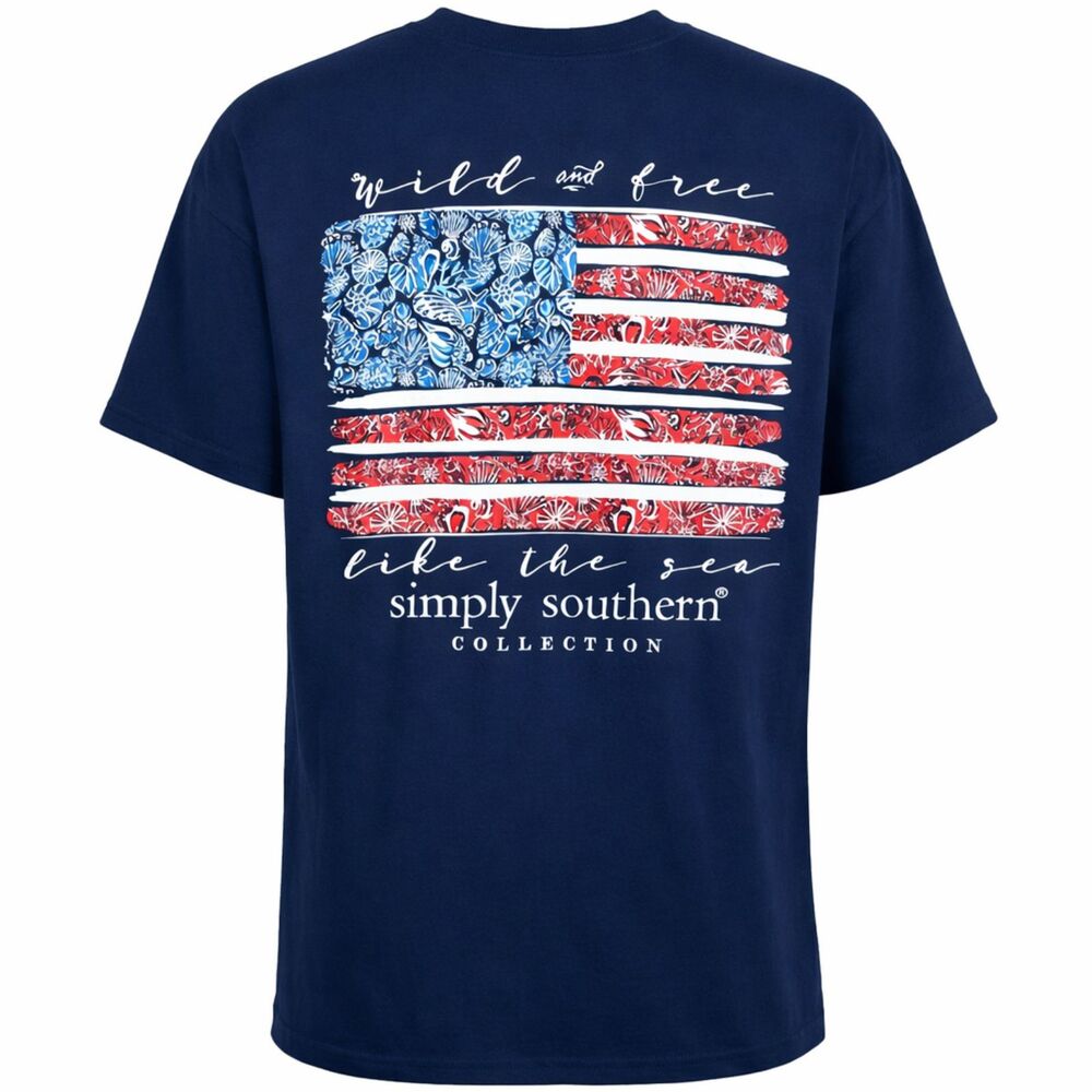 SIMPLY SOUTHERN "LIKE THE SEA" AMERICAN FLAG CASUAL CLASSIC PREPPY EVERYDAY TEE